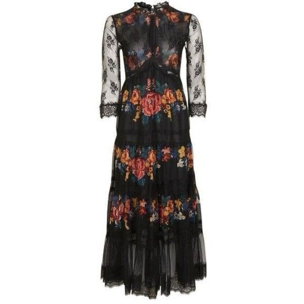 Fairy cottage lace formal dress TopShop Black Midi 2 Floral Sheer Women's Boho